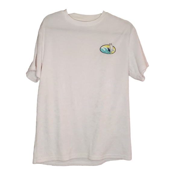NWOT Rip n Dip White Terrycloth Hang Ten Surfing Cat Tee TShirt Size Small - Picture 2 of 6